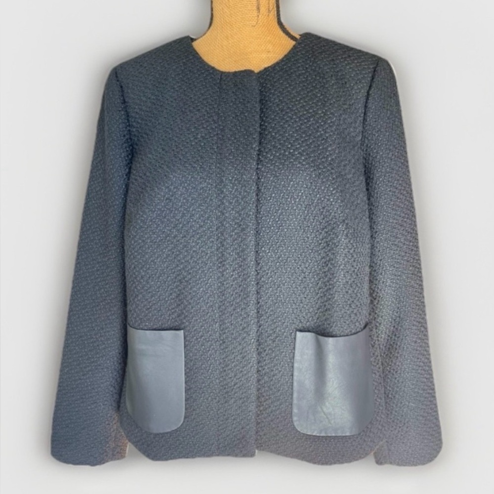 Talbots Vegan Leather Wool Blend Boucle Blazer Jacket Black NWT Size 14W